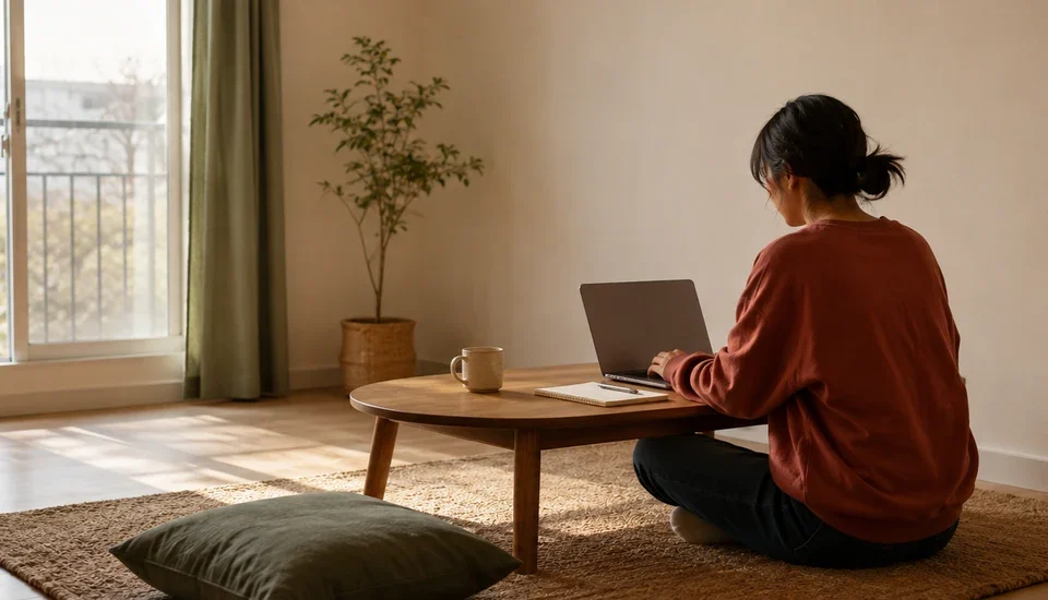 A woman sits cross-legged on the floor of a sparse apartment working at a low wooden table with a laptop, notepad and mug in warm daylight