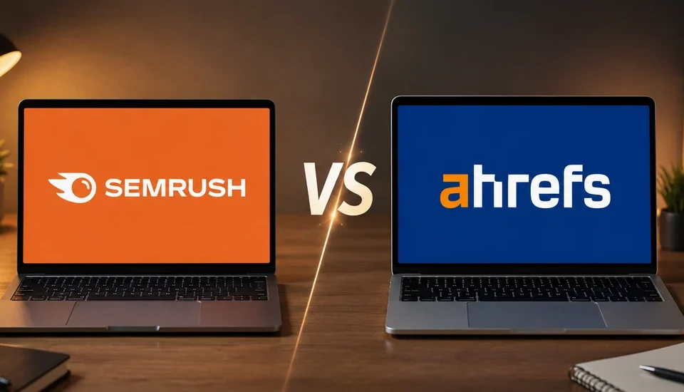 Two open laptops facing each other on a wooden desk in warm lamplight, the left screen showing the Semrush logo in white on orange and the right showing the Ahrefs logo in white and orange on blue, separated by a bright VS divider.