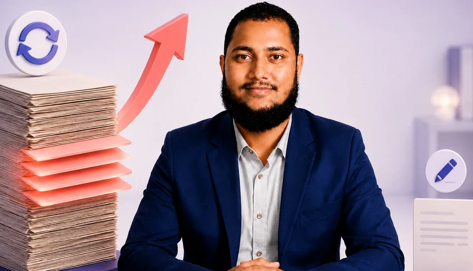 Editorial illustration for updating old blog posts versus writing new ones: on the left a tall stack of aged papers with four glowing coral sheets slotted into the middle, a blue refresh icon resting on top and a coral arrow curving upward from the stack; on the right a single small blank document beside a pencil edit icon. A bearded man in a navy suit sits between them. The refreshed stack dominates the frame while the new blank page stays small and static.