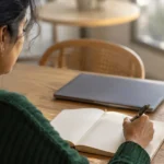Semrush Alternatives Under $50 a Month Over-the-shoulder view of a woman in a green cardigan writing in a blank paper notebook at a bright cafe table beside a closed laptop and a coffee cup