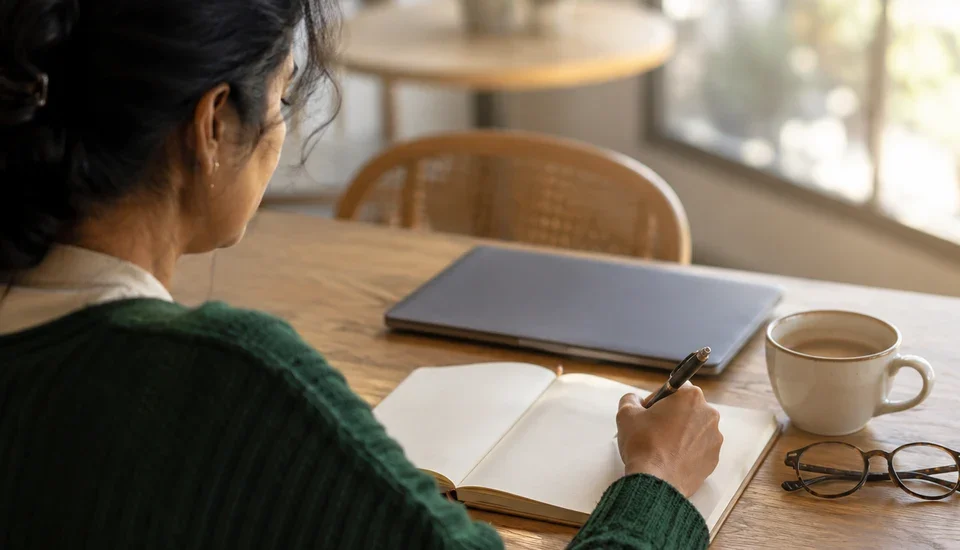 Over-the-shoulder view of a woman in a green cardigan writing in a blank paper notebook at a bright cafe table beside a closed laptop and a coffee cup