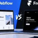 The Webflow and Framer logos above two laptops showing each builder's editor side by side