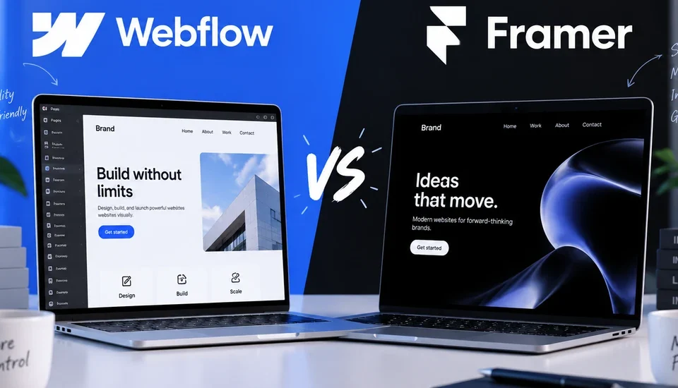 The Webflow and Framer logos above two laptops showing each builder's editor side by side