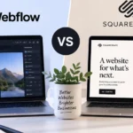 The Webflow and Squarespace logos above two laptops showing each platform's website editor