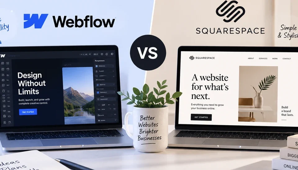 The Webflow and Squarespace logos above two laptops showing each platform's website editor