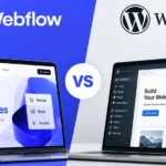 The Webflow and WordPress logos above two laptops showing the Webflow designer and the WordPress dashboard