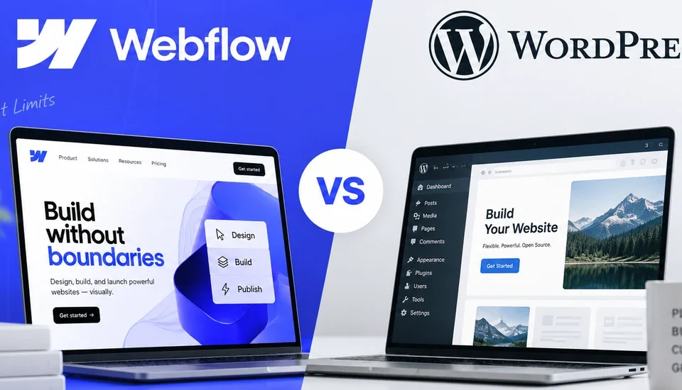 The Webflow and WordPress logos above two laptops showing the Webflow designer and the WordPress dashboard