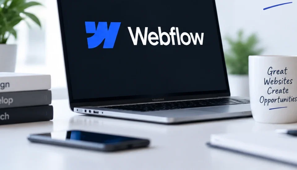 A laptop showing the Webflow logo on a bright desk beside a plant, a stack of books and a coffee mug